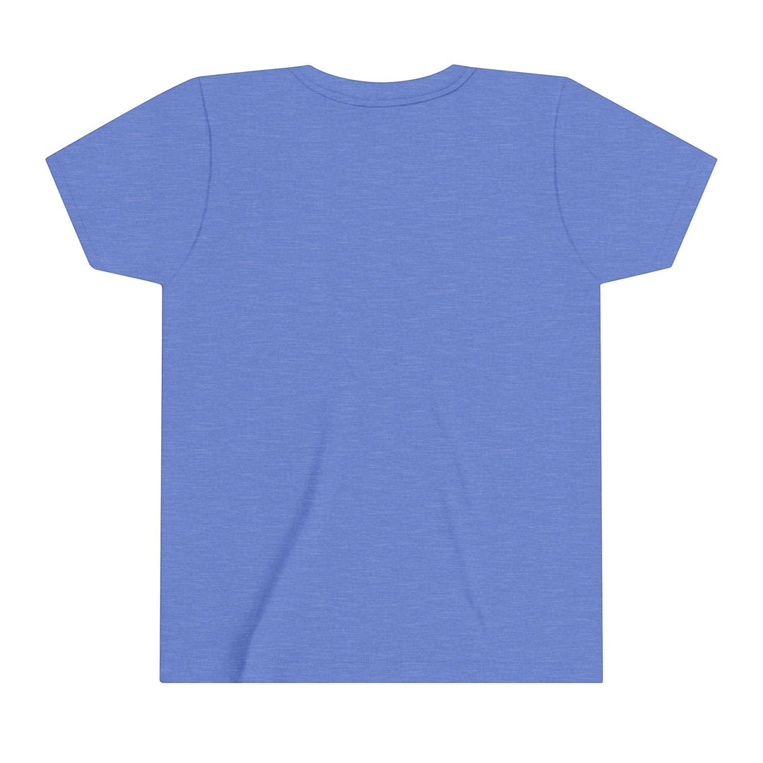 Sea Dragon Dreams youth short sleeve crew neck t-shirt in heather blue, back view of soft cotton fabric.