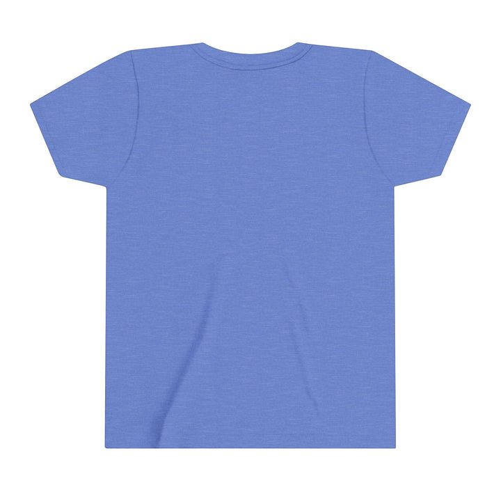 Sea Dragon Dreams youth short sleeve crew neck t-shirt in heather blue, back view of soft cotton fabric.