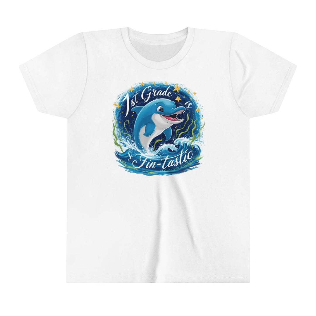 Sea Dragon Dreams youth white cotton t-shirt featuring a 1st Grade Fintastic dolphin graphic with ocean waves.