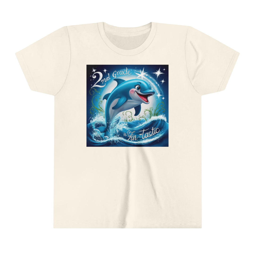 Sea Dragon Dreams youth cream t-shirt featuring a playful dolphin graphic with 2nd Grade FinTastic text.