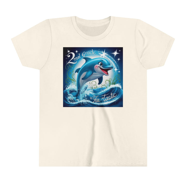 Sea Dragon Dreams youth cream t-shirt featuring a playful dolphin graphic with 2nd Grade FinTastic text.