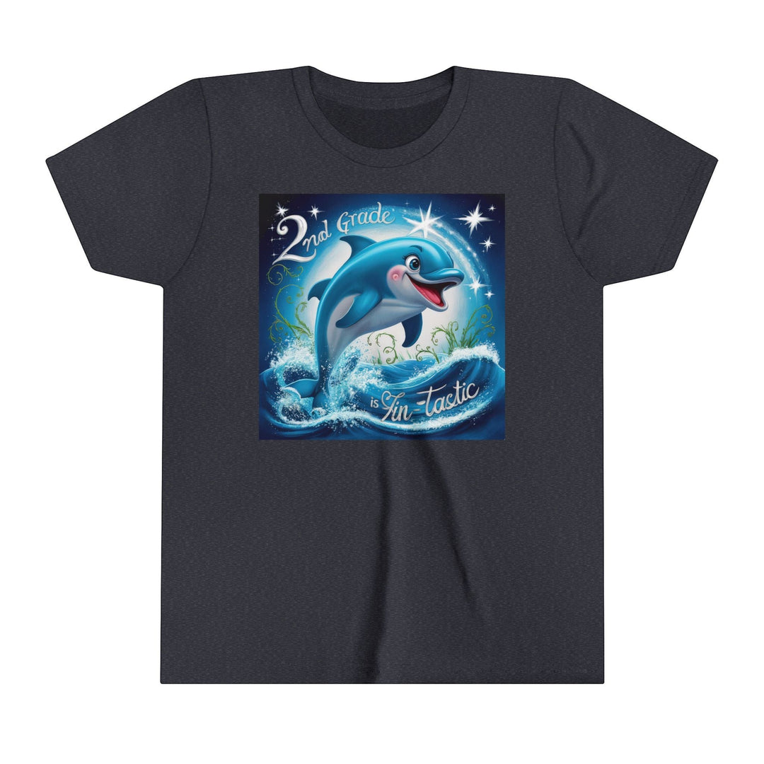 Sea Dragon Dreams youth short sleeve tee in dark grey with a 2nd Grade FinTastic dolphin graphic print.