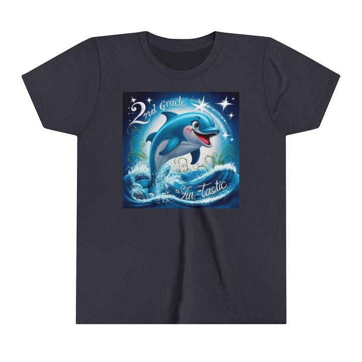 Sea Dragon Dreams youth short sleeve tee in dark grey with a 2nd Grade FinTastic dolphin graphic print.