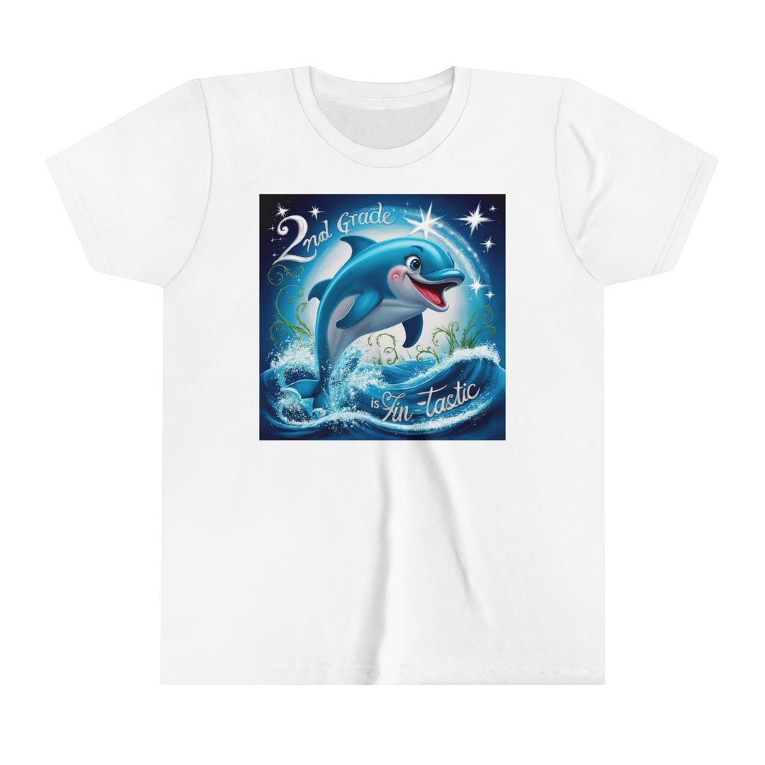 Sea Dragon Dreams white youth t-shirt featuring a playful dolphin graphic with 2nd Grade FinTastic text