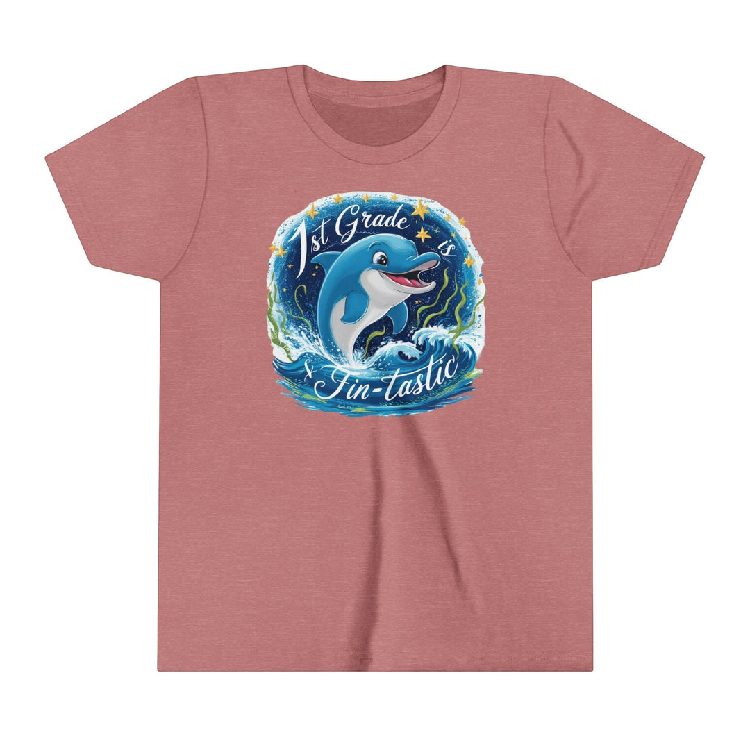 Sea Dragon Dreams youth short sleeve tee in heather mauve featuring a 1st Grade Fintastic dolphin graphic print.