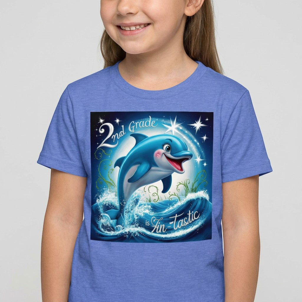 Sea Dragon Dreams youth blue short sleeve tee featuring a playful dolphin graphic with 2nd Grade FinTastic text.