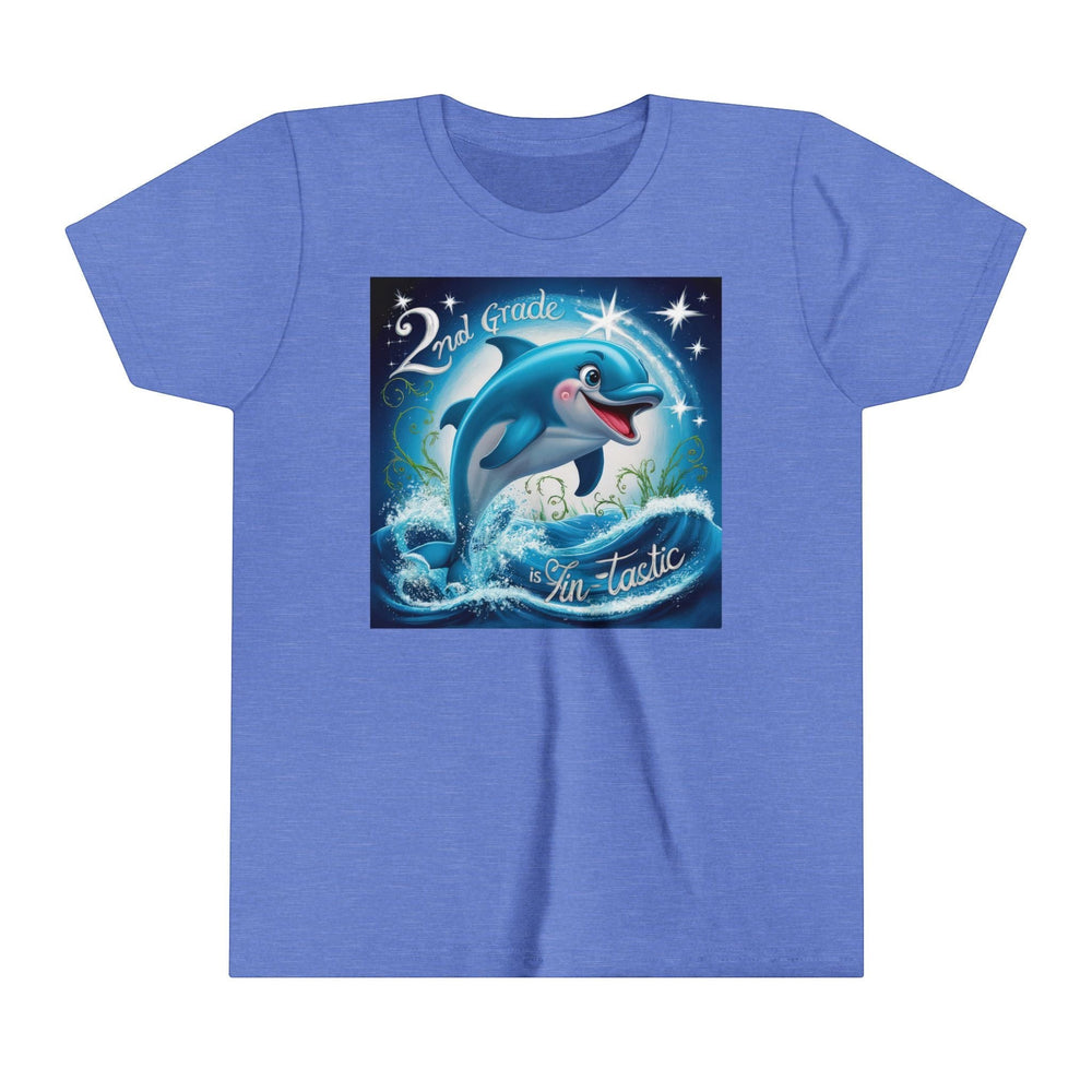 Sea Dragon Dreams youth short sleeve tee in heather blue featuring a 2nd Grade FinTastic dolphin graphic print.