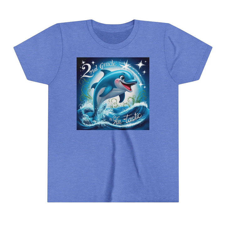 Sea Dragon Dreams youth short sleeve tee in heather blue featuring a 2nd Grade FinTastic dolphin graphic print.