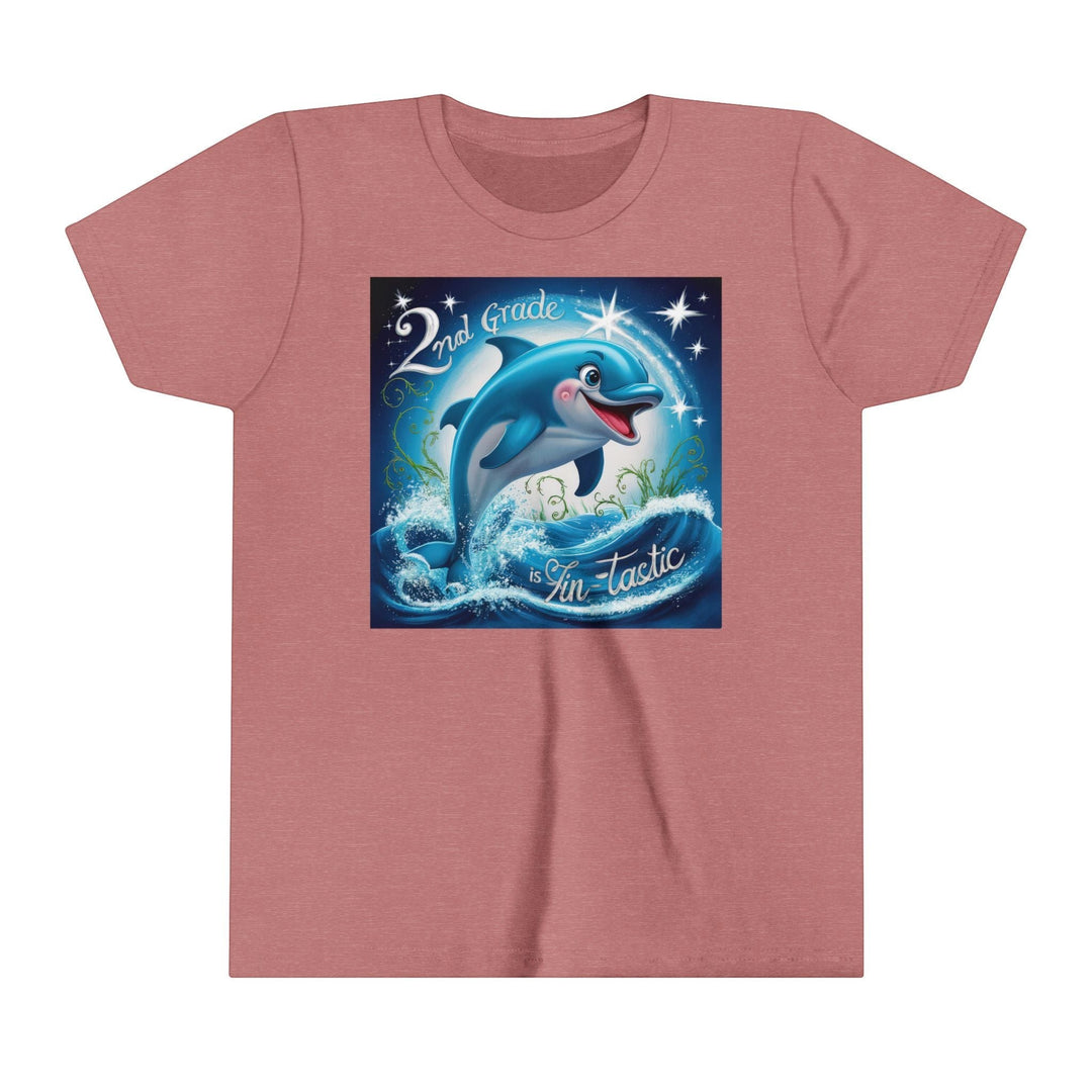 Sea Dragon Dreams youth short sleeve tee in mauve featuring a 2nd Grade FinTastic dolphin graphic with ocean waves.
