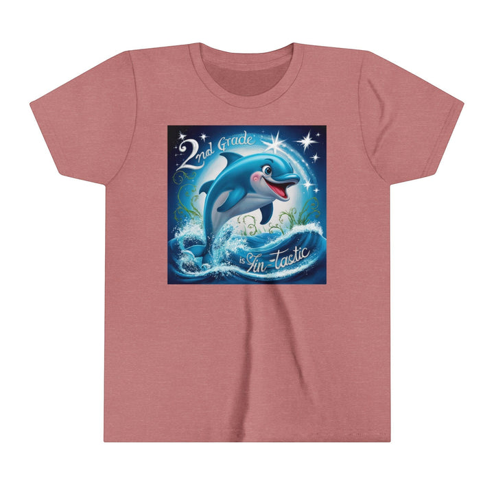 Sea Dragon Dreams youth short sleeve tee in mauve featuring a 2nd Grade FinTastic dolphin graphic with ocean waves.