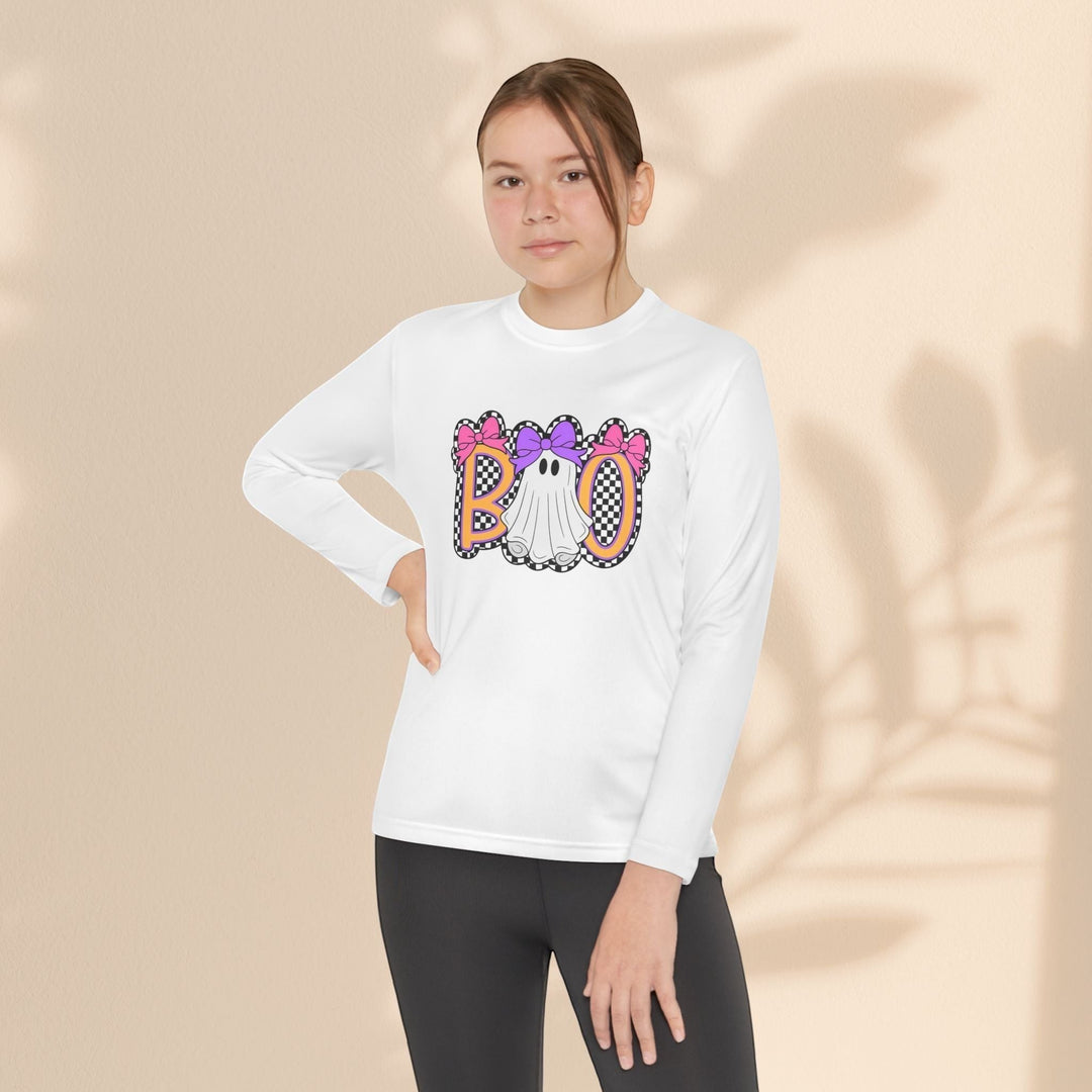 Sea Dragon Dreams youth long sleeve shirt with a white ghost Boo graphic, featuring bows and checkered patterns.