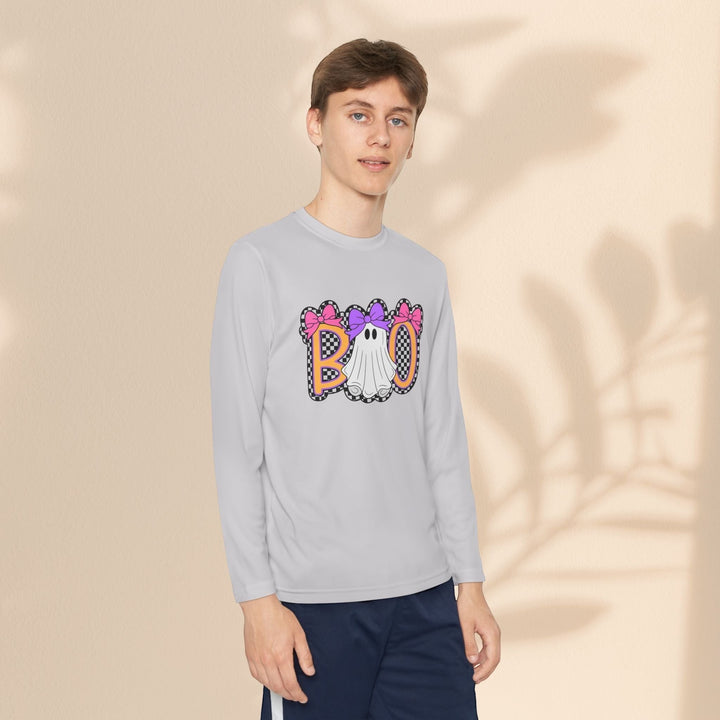 Sea Dragon Dreams youth long sleeve shirt featuring a cute ghost Boo graphic with pink bows on a light grey background