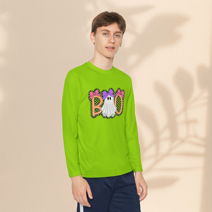 Sea Dragon Dreams youth long sleeve Halloween shirt in lime green with a ghost Boo graphic and purple bows