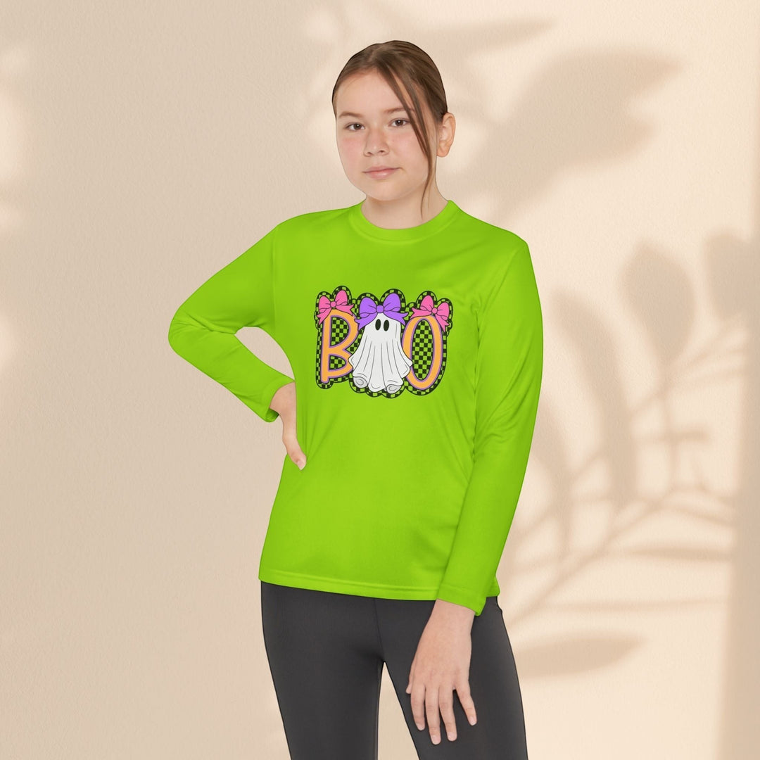 Sea Dragon Dreams youth long sleeve Halloween shirt in bright lime green with a ghost Boo graphic print.