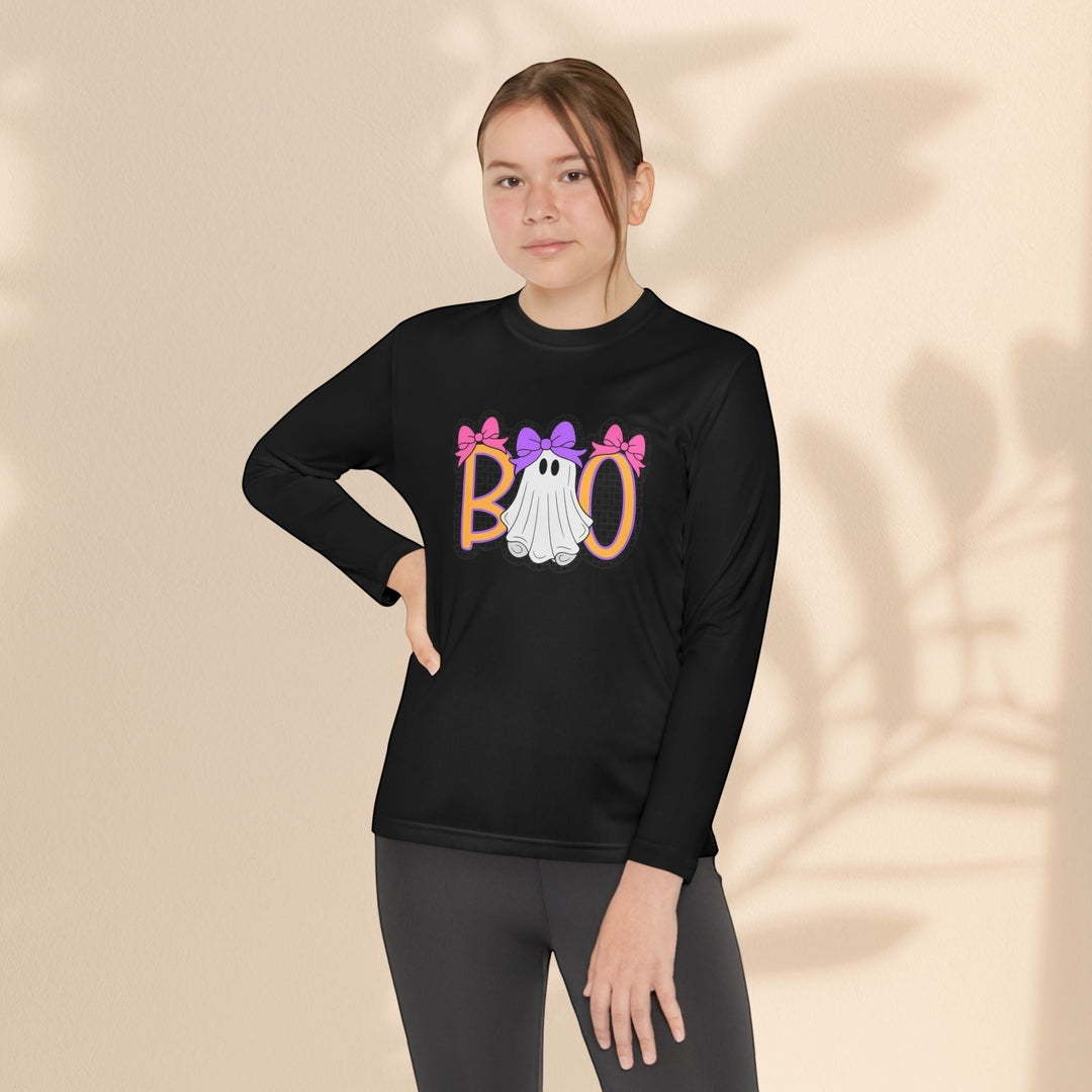 Sea Dragon Dreams youth long sleeve black Halloween shirt featuring a cute ghost with bows and Boo lettering