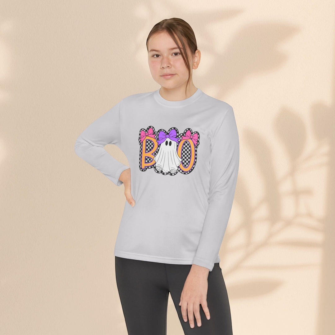 Sea Dragon Dreams youth long sleeve Halloween shirt with a ghost Boo graphic on a light grey polyester tee.
