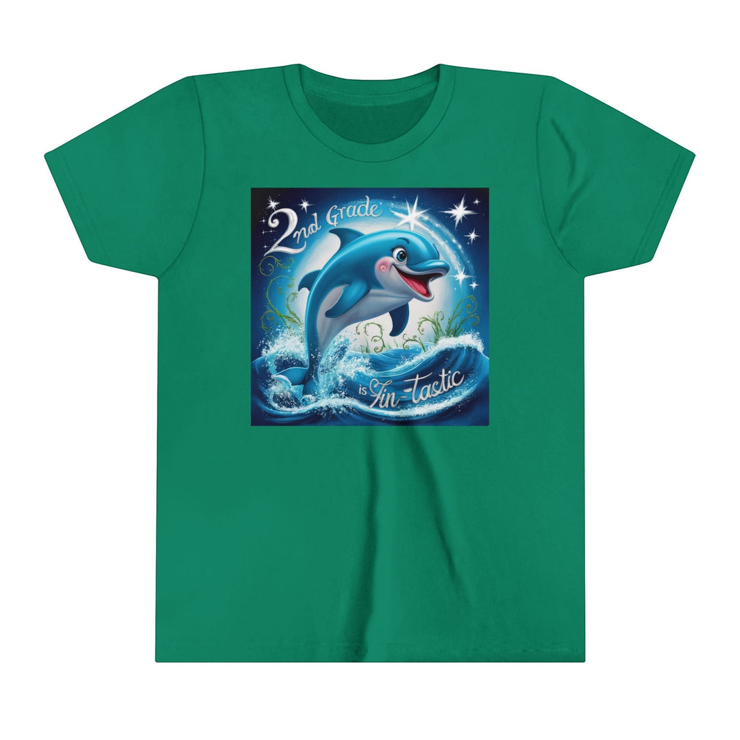Sea Dragon Dreams youth green short sleeve tee featuring a playful dolphin jumping out of waves with 2nd Grade text.