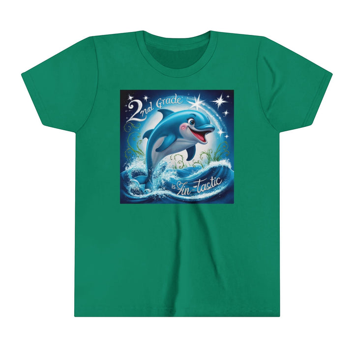 Sea Dragon Dreams youth green short sleeve tee featuring a playful dolphin jumping out of waves with 2nd Grade text.