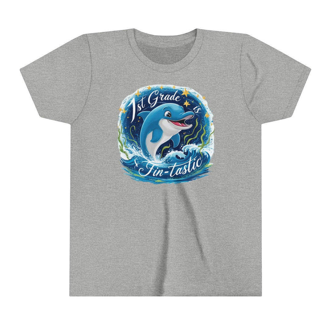 Sea Dragon Dreams youth grey short sleeve tee with a 1st Grade Fintastic dolphin graphic for back to school.