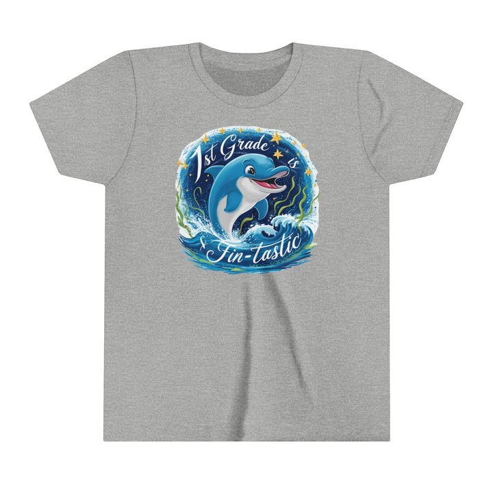 Sea Dragon Dreams youth grey short sleeve tee with a 1st Grade Fintastic dolphin graphic for back to school.