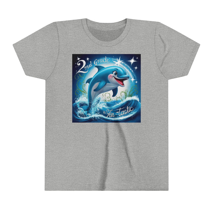 Sea Dragon Dreams youth grey short sleeve tee featuring a playful dolphin graphic with 2nd Grade FinTastic text.