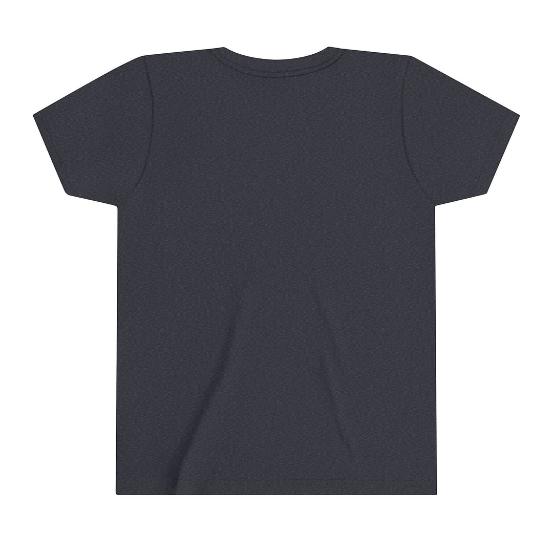 Sea Dragon Dreams youth short sleeve crew neck t-shirt in dark grey cotton fabric, back view.