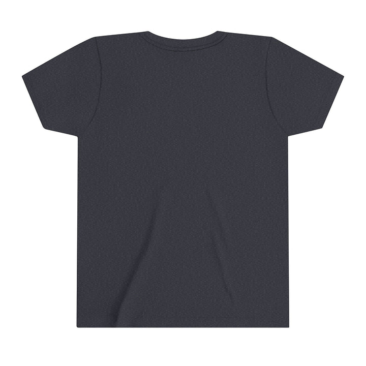 Sea Dragon Dreams youth short sleeve crew neck t-shirt in dark grey cotton fabric, back view.