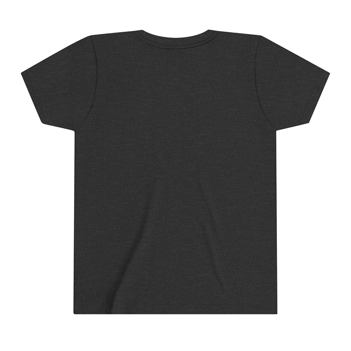 Sea Dragon Dreams youth short sleeve crew neck t-shirt in dark heather grey cotton blend, back view.