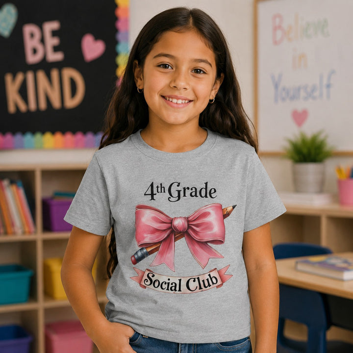 Sea Dragon Dreams youth grey cotton t-shirt featuring a 4th Grade Social Club graphic with a pink bow and pencil.