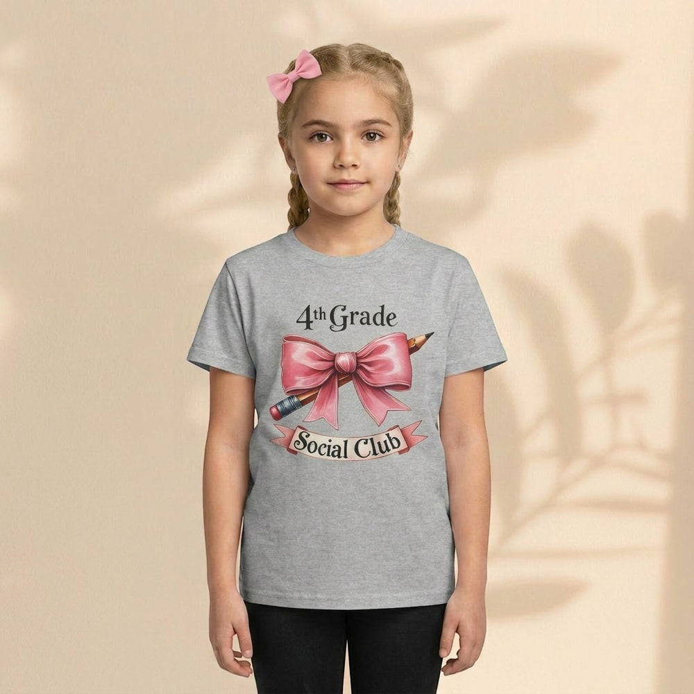 Sea Dragon Dreams youth grey cotton t-shirt featuring a 4th Grade Social Club graphic with a pink bow and pencil.