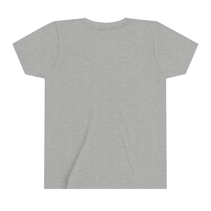 Sea Dragon Dreams youth short sleeve crew neck t-shirt in heather grey, back view of soft cotton blend fabric.