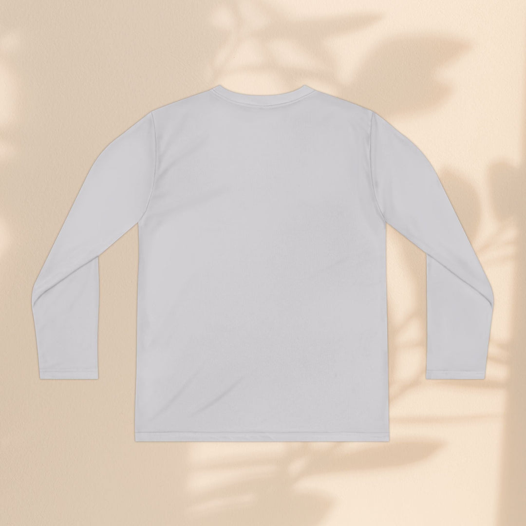 Sea Dragon Dreams youth long sleeve polyester athletic tee in light grey, back view on a neutral background.