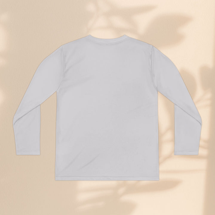 Sea Dragon Dreams youth long sleeve polyester athletic tee in light grey, back view on a neutral background.