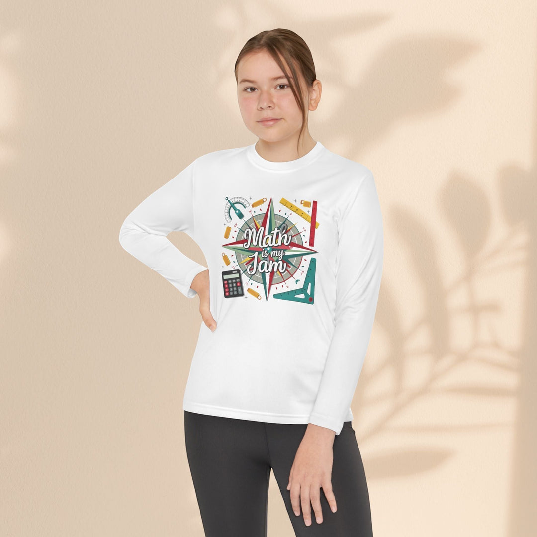 Sea Dragon Dreams youth long sleeve white polyester tee with Math Is My Jam graphic featuring math tools