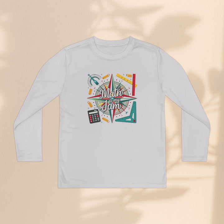 Sea Dragon Dreams youth long sleeve polyester tee in light grey with a colorful Math Is My Jam graphic design.