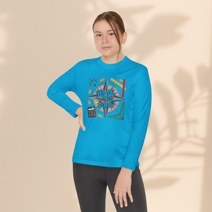 Sea Dragon Dreams youth long sleeve blue moisture-wicking polyester tee with Math Is My Jam graphic worn by a girl