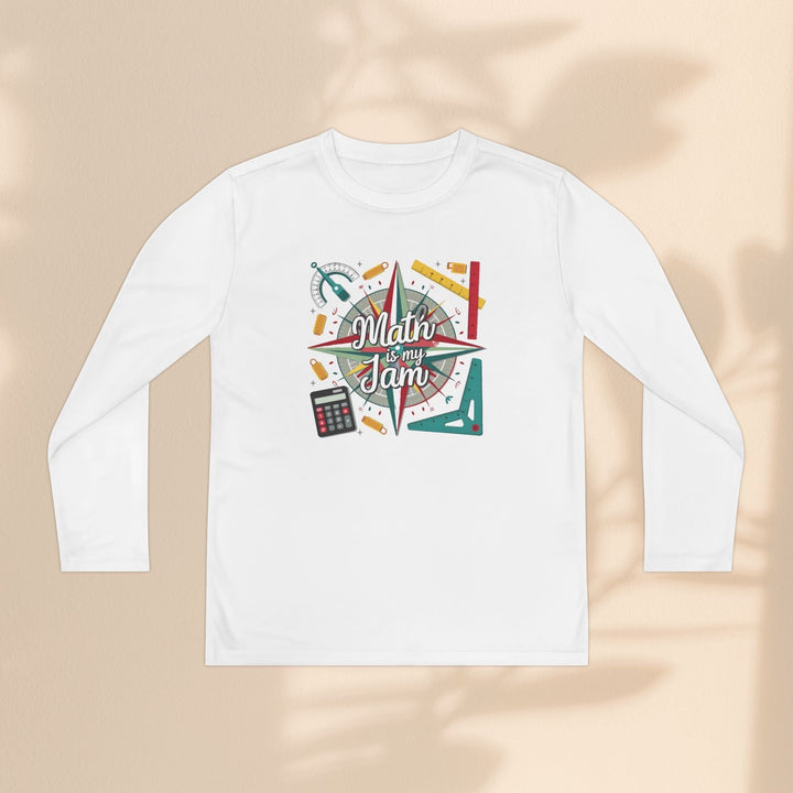 Sea Dragon Dreams youth long sleeve white polyester tee with Math Is My Jam graphic featuring math tools