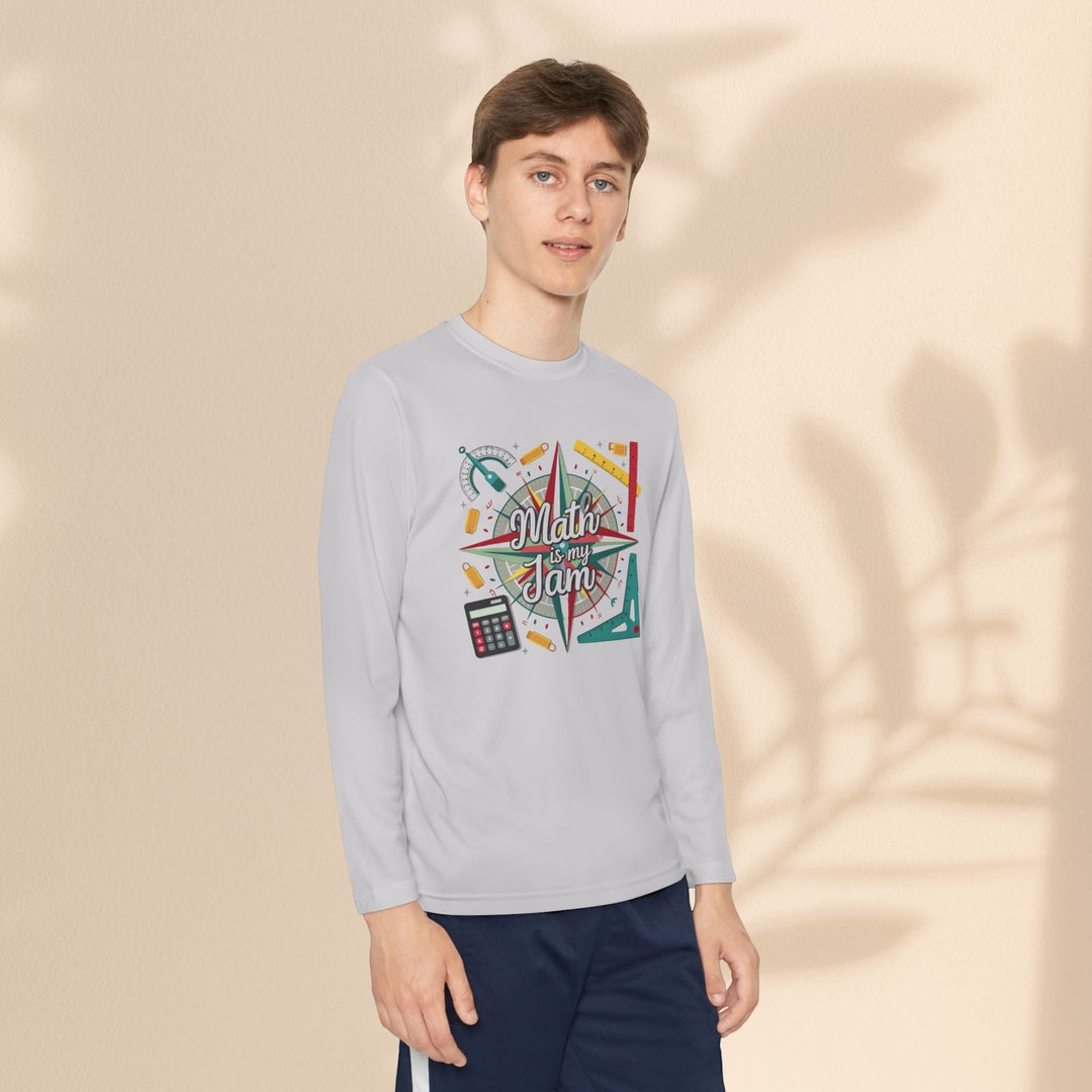 Sea Dragon Dreams youth long sleeve grey polyester tee with Math Is My Jam graphic worn by a young man