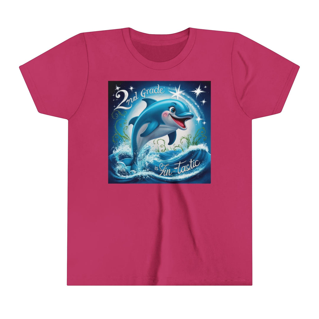 Sea Dragon Dreams youth short sleeve tee in dark pink with a 2nd Grade FinTastic dolphin graphic print.