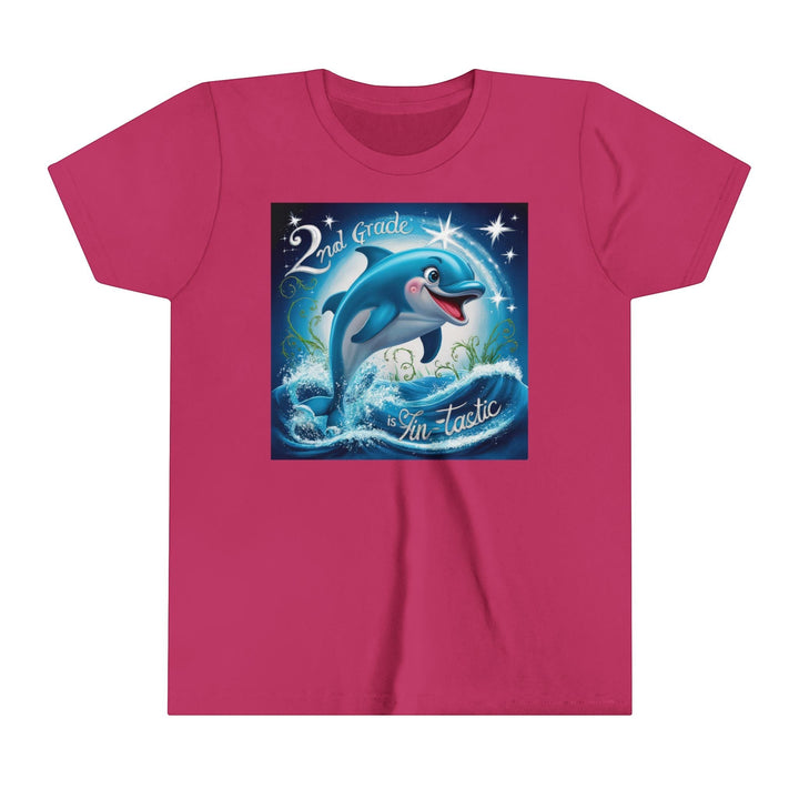 Sea Dragon Dreams youth short sleeve tee in dark pink with a 2nd Grade FinTastic dolphin graphic print.