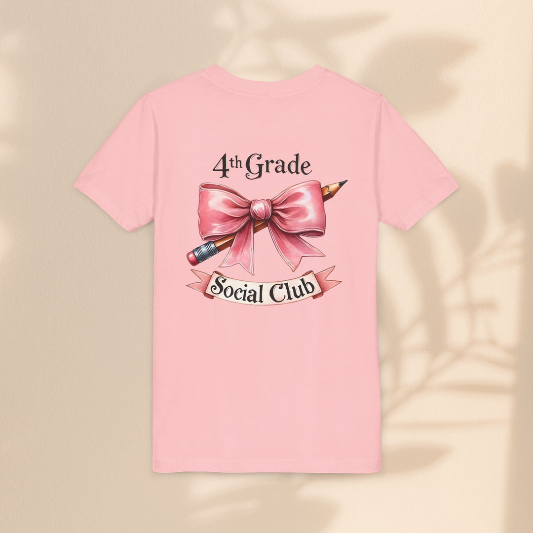 Sea Dragon Dreams youth pink cotton t-shirt with 4th Grade Social Club graphic featuring a pencil and pink bow