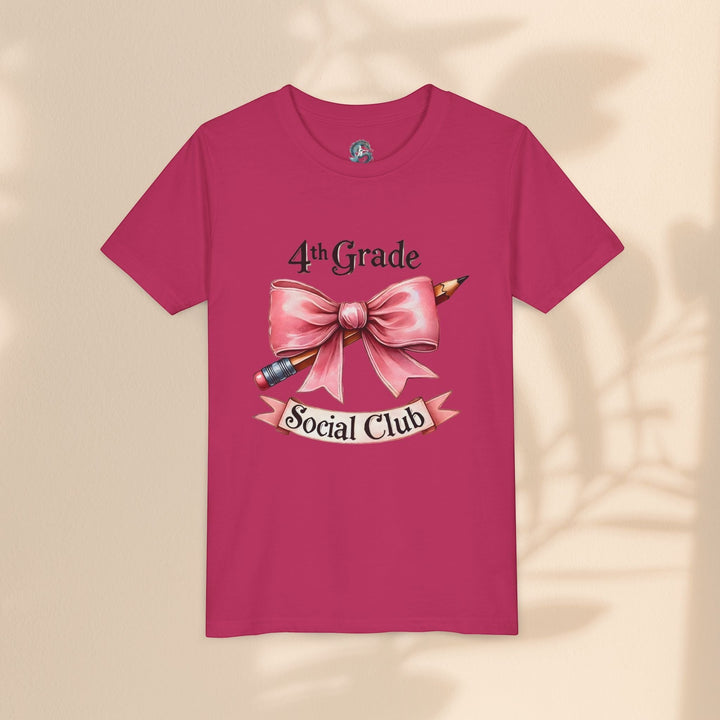 Sea Dragon Dreams youth short sleeve tee in dark pink with a 4th Grade Social Club graphic featuring a bow and pencil.