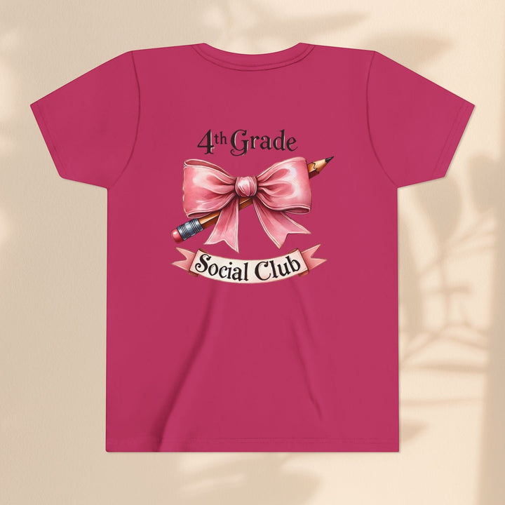 Sea Dragon Dreams youth short sleeve tee in dark pink with 4th Grade Social Club graphic featuring a bow and pencil.