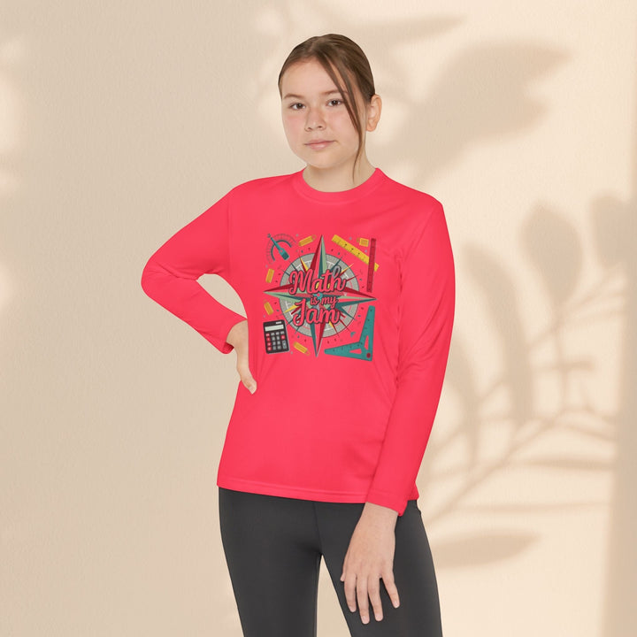 Sea Dragon Dreams youth long sleeve red polyester athletic tee with Math Is My Jam graphic worn by a young girl