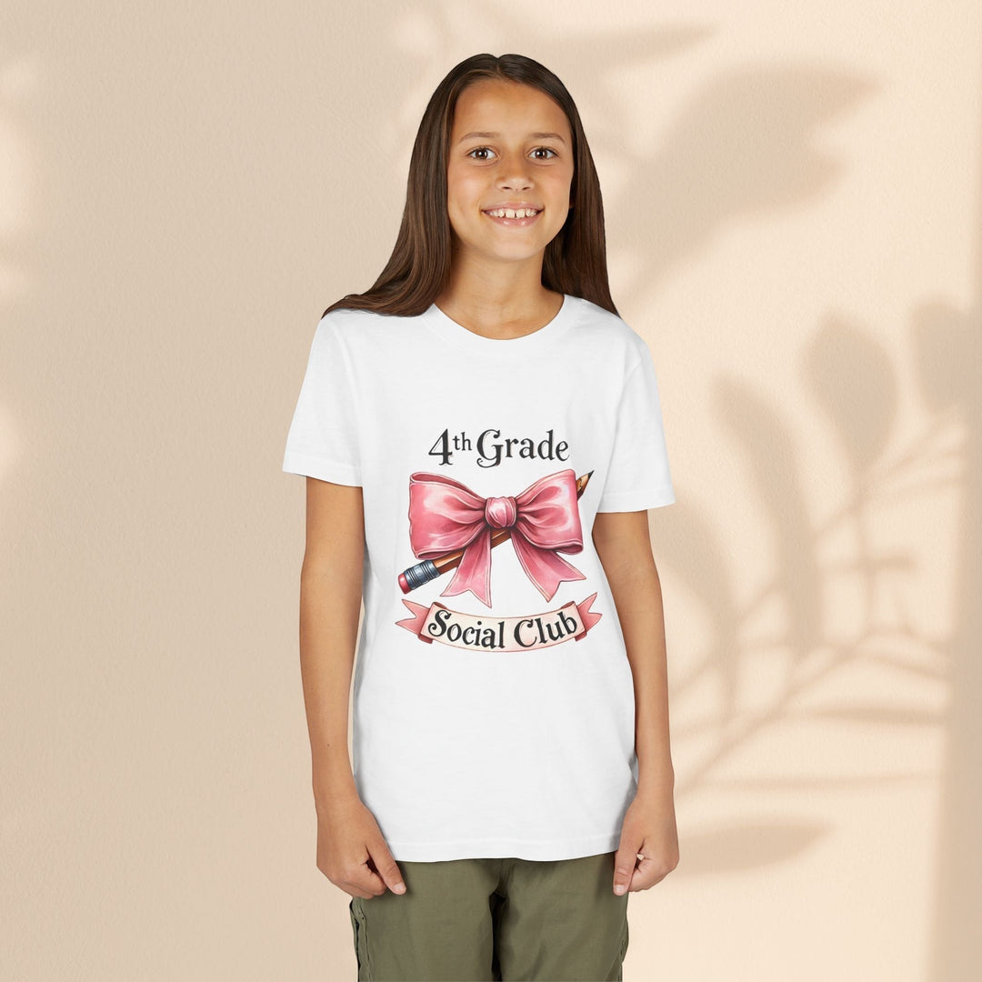 Sea Dragon Dreams youth short sleeve white cotton tee featuring a 4th Grade Social Club graphic with a pink bow