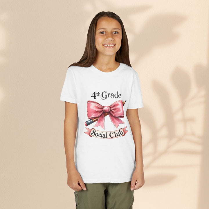 Sea Dragon Dreams youth short sleeve white cotton tee featuring a 4th Grade Social Club graphic with a pink bow