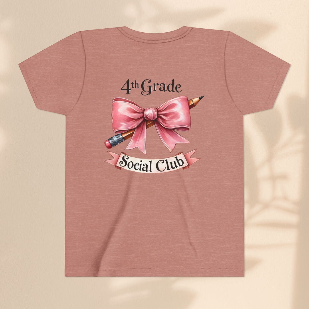 Sea Dragon Dreams youth short sleeve tee in dusty rose cotton with 4th Grade Social Club pencil and bow graphic.