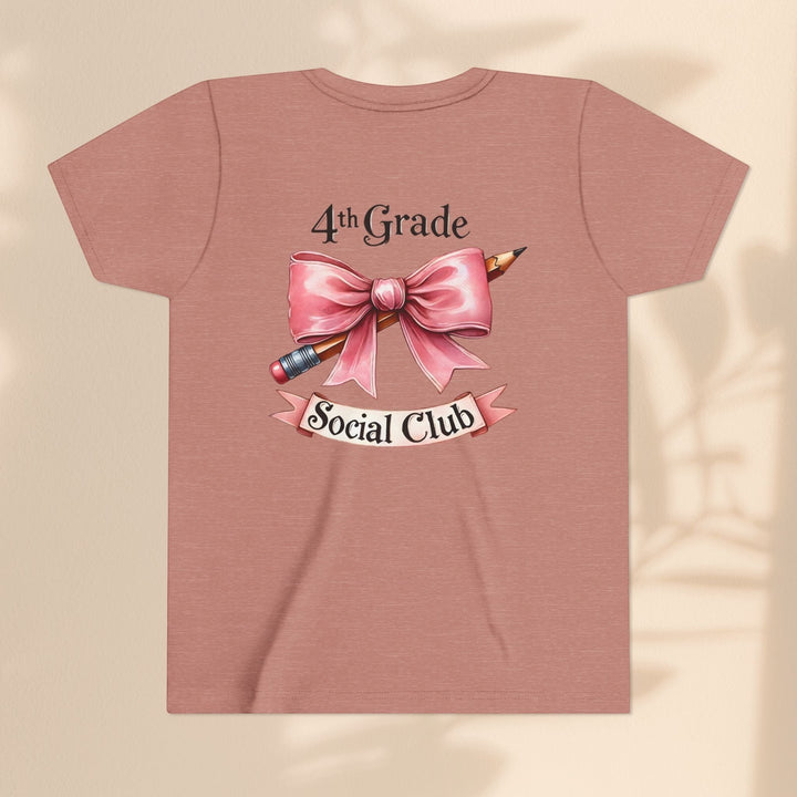 Sea Dragon Dreams youth short sleeve tee in dusty rose cotton with 4th Grade Social Club pencil and bow graphic.