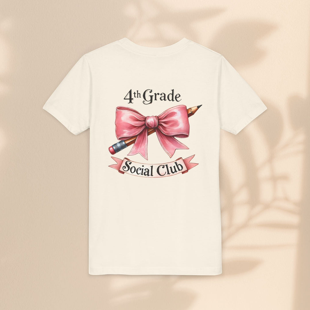 Sea Dragon Dreams youth short sleeve tee in cream cotton with a 4th Grade Social Club pencil and pink bow graphic.
