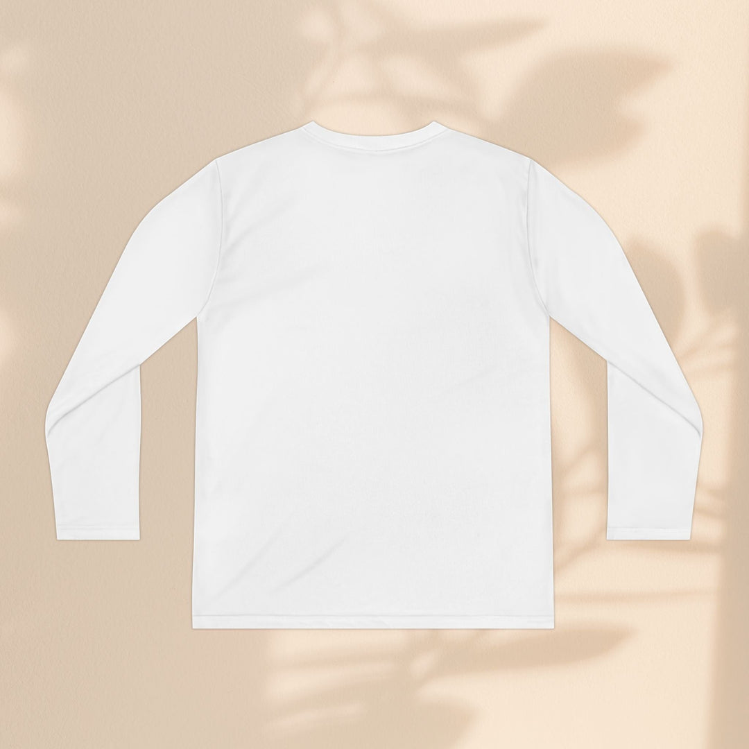 Sea Dragon Dreams youth long sleeve white polyester athletic tee, back view, plain design on a neutral background.